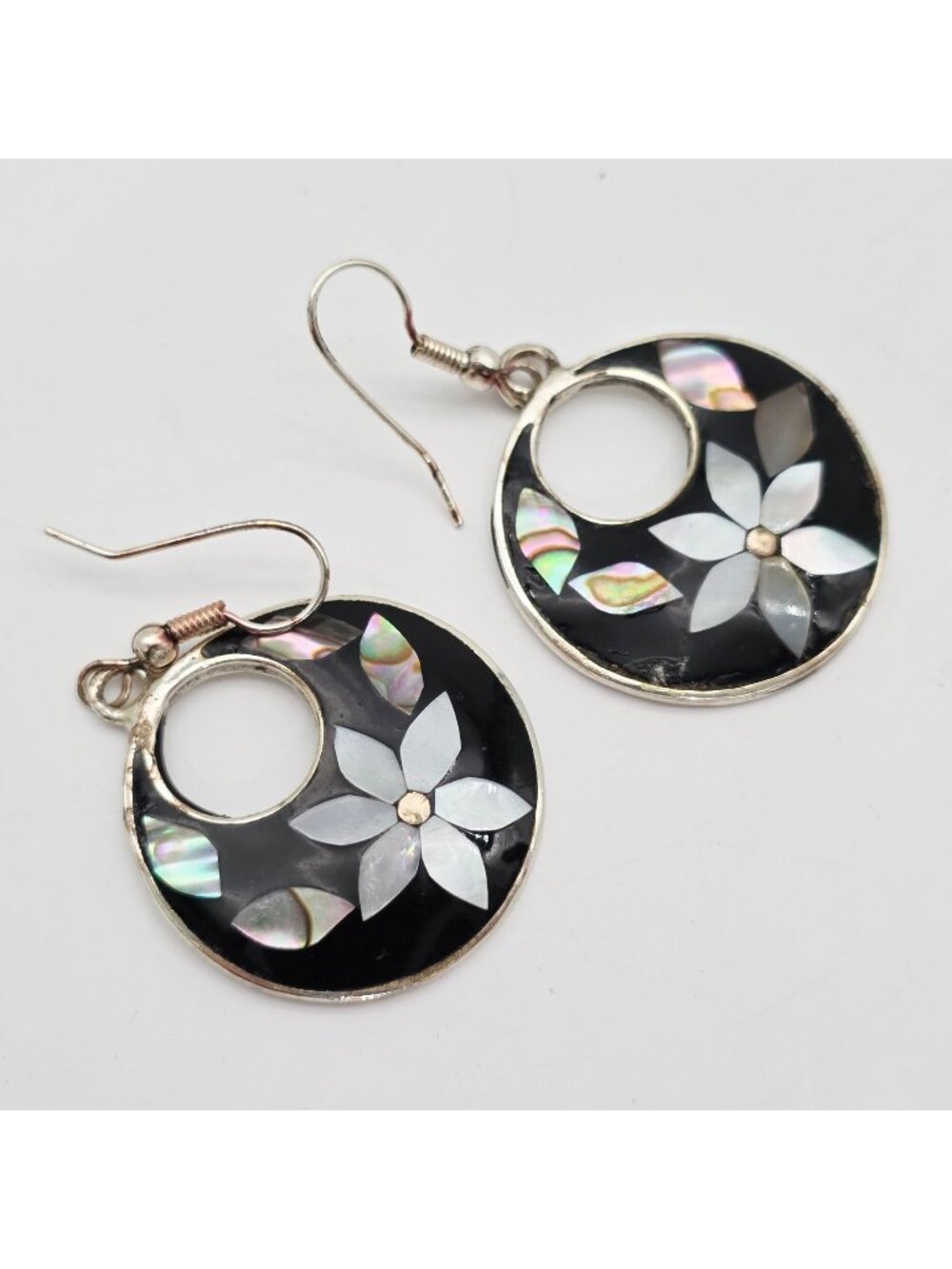 Alpaca Mexican Sterling Dangle Earrings Mother of Pearl Abalone Round Flowers 2"